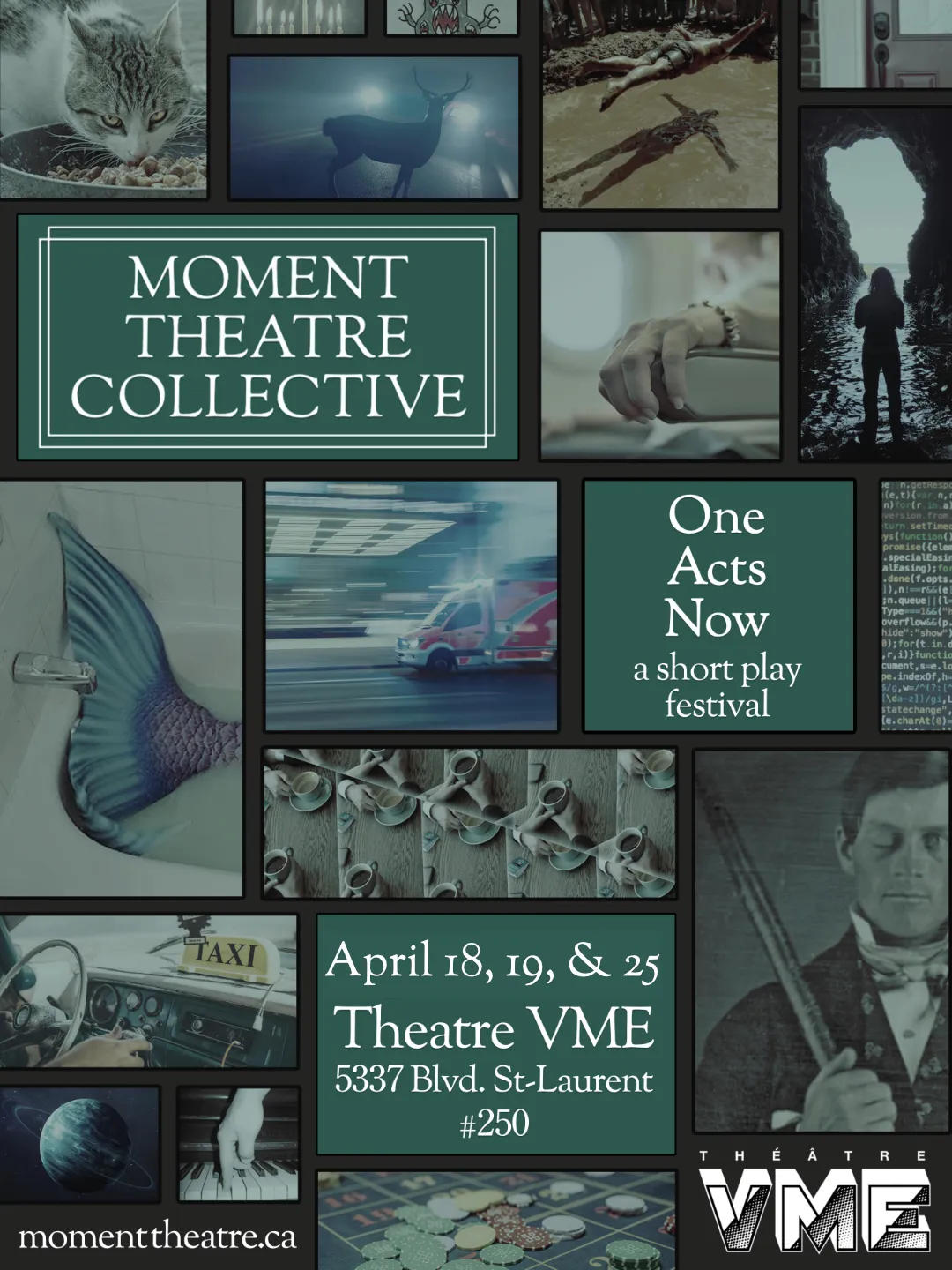 One Acts Now short play festival poster for April 18, 19 & 25 in Montreal